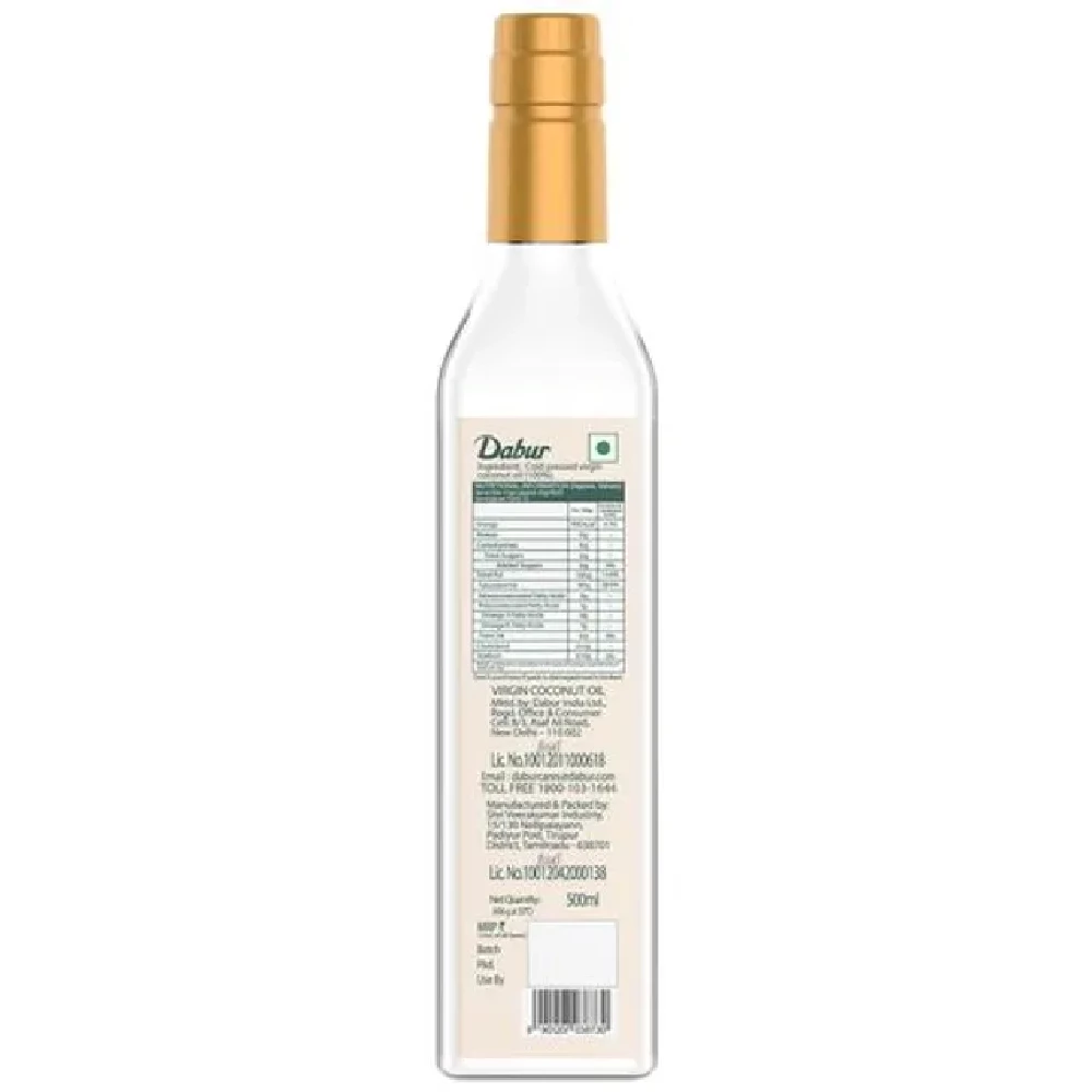 Dabur Virgin Coconut Oil - Cold Pressed, 100percent Natural, Unrefined, Helps Boost Immunity, 500 ml Bottle-2.webp